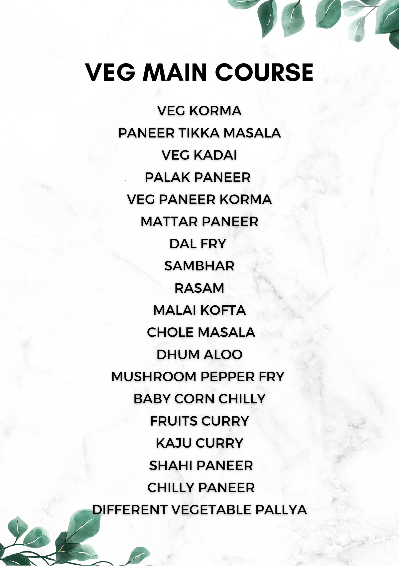 Veg Main Course menu